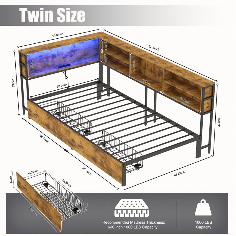 Corner Bed Frame with Storage Bookcase, Twin Daybed with Storage Drawers Underneath, Kids Bed Unit with Charging Station and LED Light