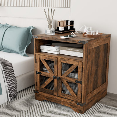  Square Rustic Barn Door Nightstand With Charging Station, 23.8''H X 20''W, Featuring Open Storage & Farmhouse Style Design
