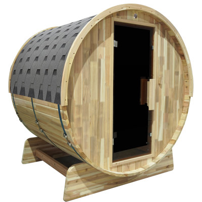 Hongyuan 4-Person Outdoor Backyard Barrel Sauna with Harvia 6KW Heater, Tempered Glass Door, Japanese Cedar Wood, Asphalt Shingle Roof, 67" Interior Length