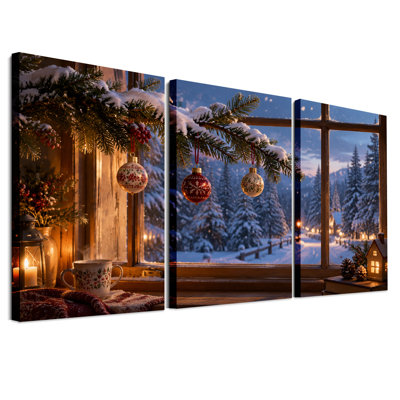 " Snowy Forest View Through Window with Christmas " 3 Piece Art