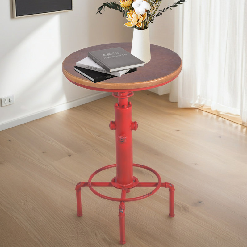 Industrial Bar Table 32.28"-36.22" Height Adjustable Swivel Round Wood Tabletop 23.62" Dia, Kitchen Dining Office Coffee Bistro Pub Table