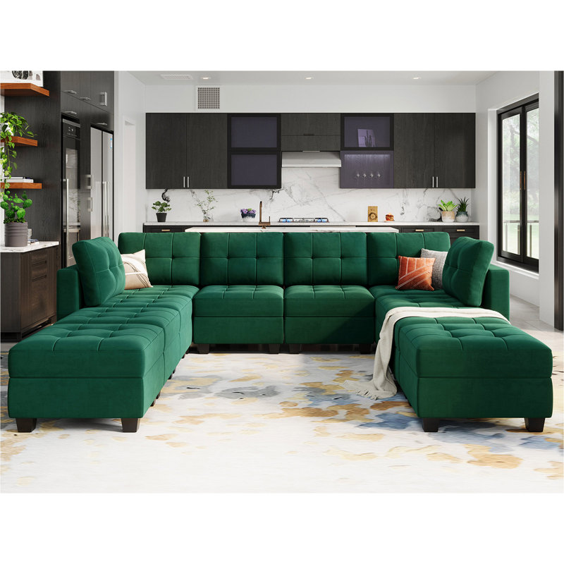 Soneson 116.6'' W Large Upholstered Velvet Movable Modular Sofa Bed with Storage, Green Velvet