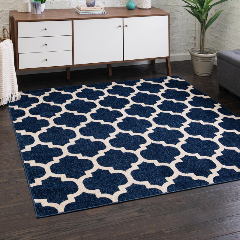 Tapis géométrique bleu foncé / ivoire Ruri, Carré 7 pi 10 po
