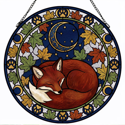 Sleeping Fox Stained Glass Window Panel，7.8H