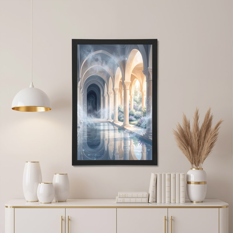 Art mural en toile avec couloir arqué avec lumière dorée et réflexion de l'eau, H 36 po x l 24 po