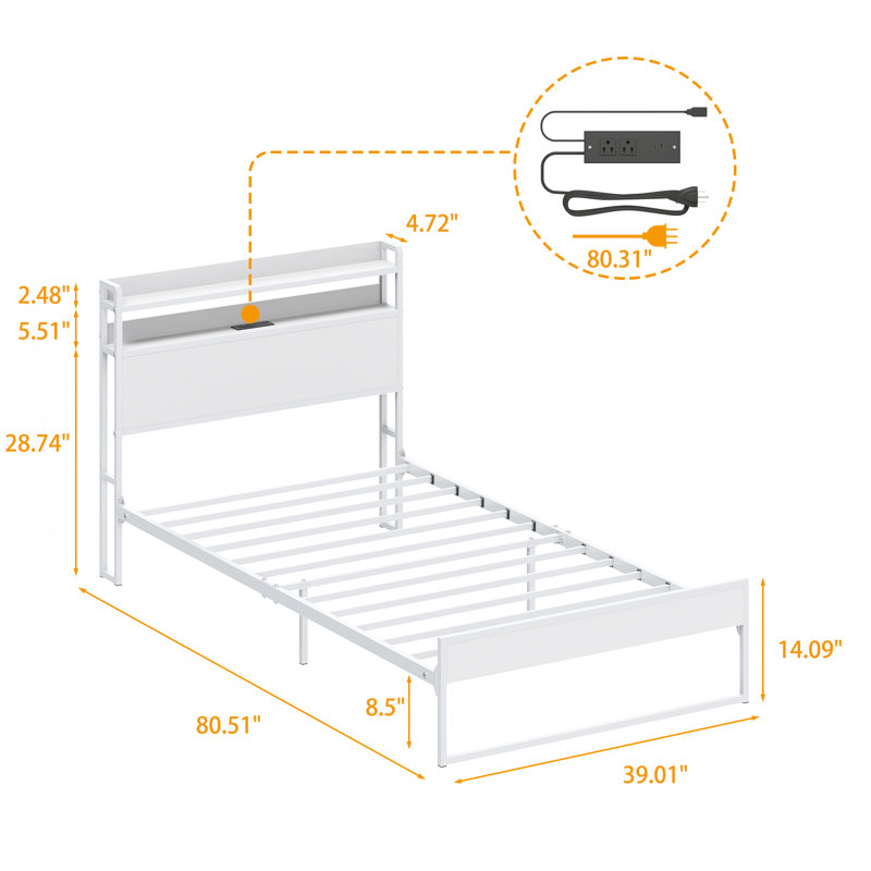 Cerridwen Twin Platform Metal Bookcase Storage Bed With RGB LED Lights And Charging Station, White