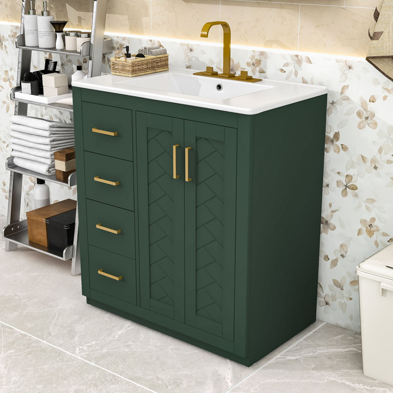 Meuble-lavabo de salle de bain élégant avec lavabo - structure en bois, Vert
