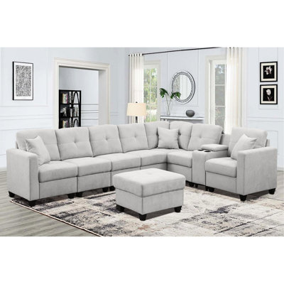 Canapé modulaire à 7 places en gris, microfibre veloutée, motif de peau, deux porte-gobelets et structure en bois massif, tissu en velours doux, coussins à haute densité, utilisation prolongée, supports, support