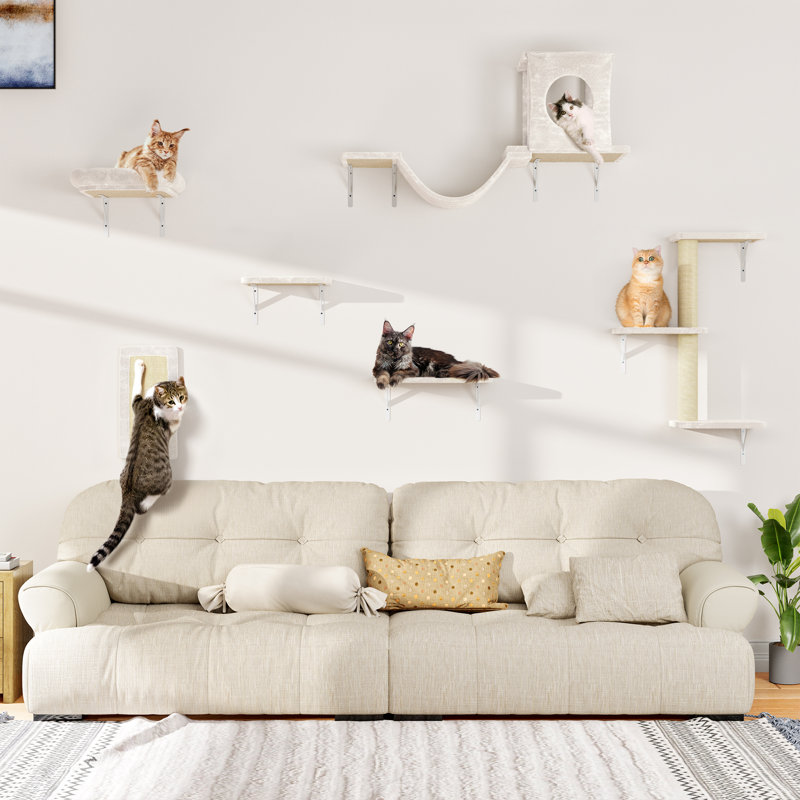 Wall Mounted Cat Climber Set with Floating Perch, Bridge, Kitten House, DIY Playground, Beige