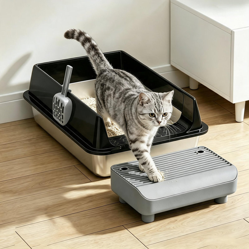 Bac à litière pour chat en acier inoxydable avec tamis, bords hauts et contrôle des odeurs, 23.62'', Noir