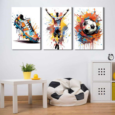 3Pcs Graffiti Soccer Canvas Wall Art Colorful Sneakers Posters Prints Wall Decor Pictures Sports Theme Football Paintings For Bedroom Boys Room Teen Kids Playroom Home Decoration