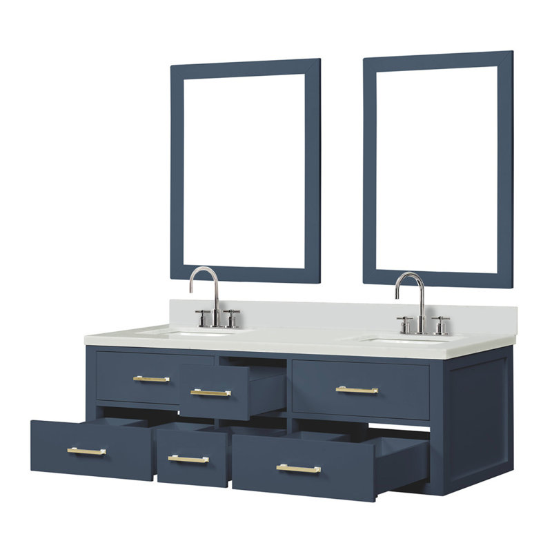 Meuble-lavabo double 60 po bleu X P 22 po D, comptoir en quartz blanc, ensemble de robinet et Miroirs,  Bleu / quartz blanc