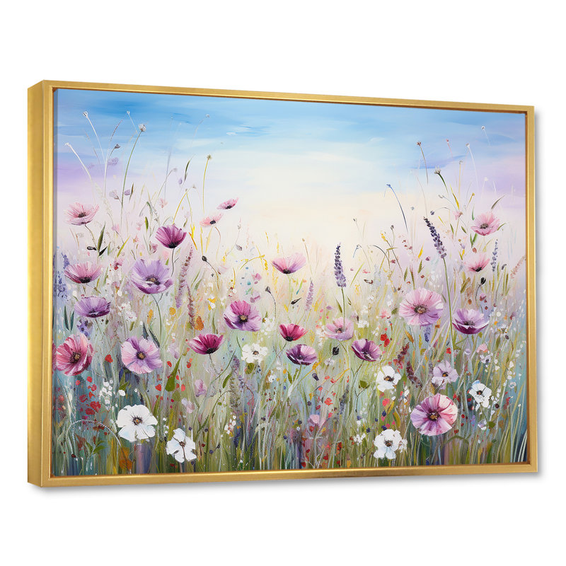 Fleurs sauvages Meadows III - Art mural champ de fleurs, H 16 po x l 32 po x P 1 po, Cadre flottant doré