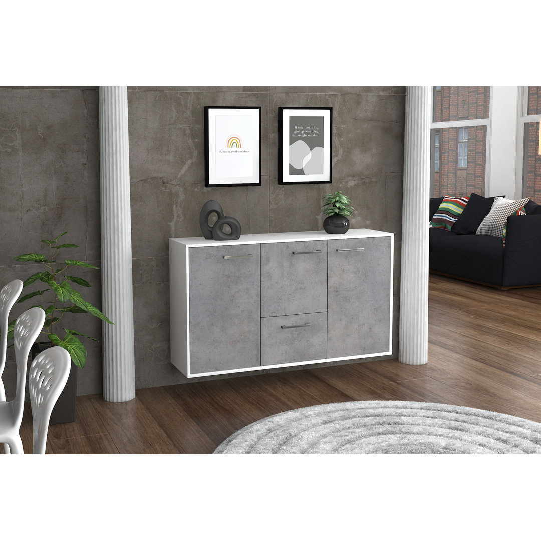 Sideboard Vancouver, Farbe: Beton/Weiss, Fliegend/Metallgriffe, Größe: 136x79x35cm