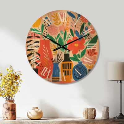 Modern Wood Wall Clock – Henri Matisse Style Boho Flower Bouquet II