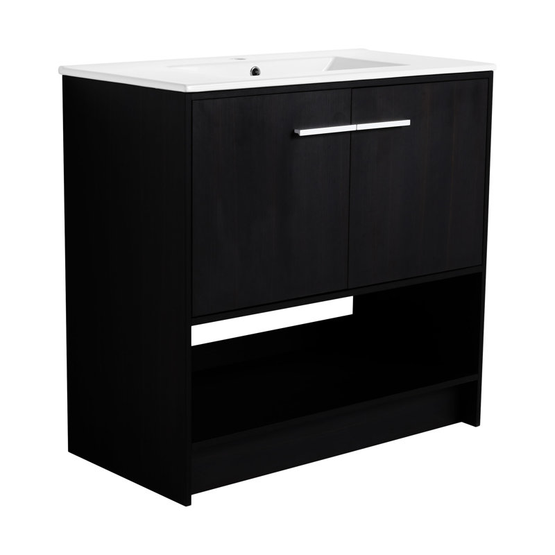 Meuble-lavabo 36 po avec lavabo en céramique, Chêne foncé, Argent argent