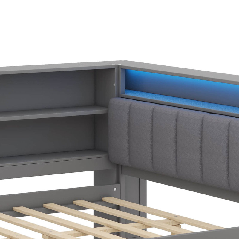 Lit plateforme en bois avec compartiments de rangement, tiroirs, port de charge, lumière DEL et bureau, Gris