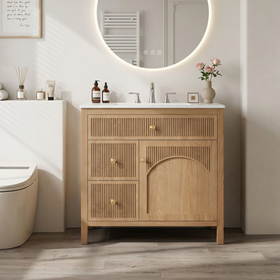 30" Modern Farmhouse Freestanding Bathroom Vanity, Fluted Wood Cabinet, White Ceramic Sink Top, Light Brown