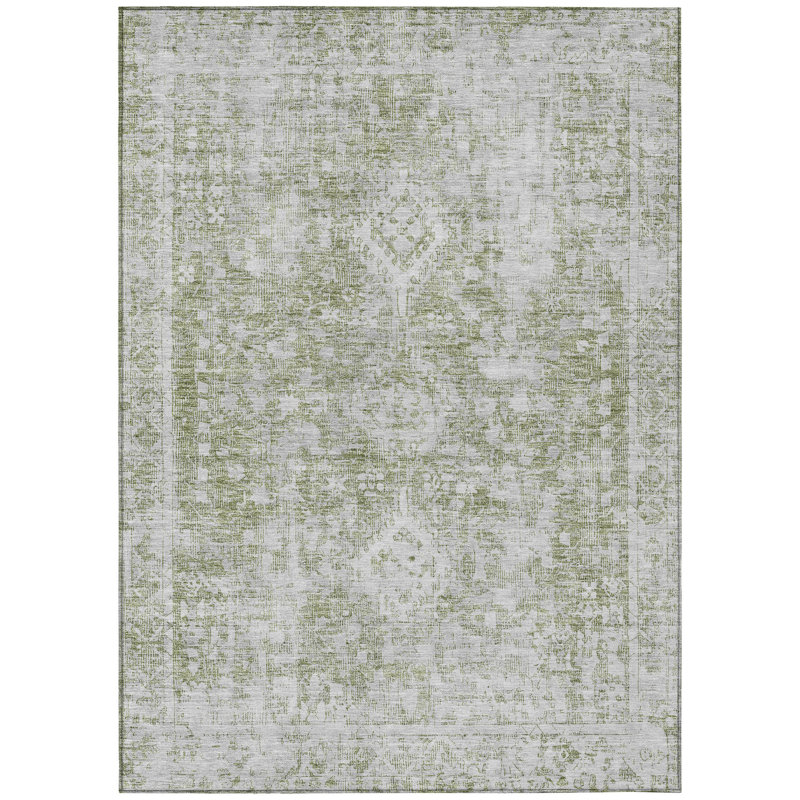 3' X 5' Artichoke Green Oriental Washable Indoor Outdoor Area Rug