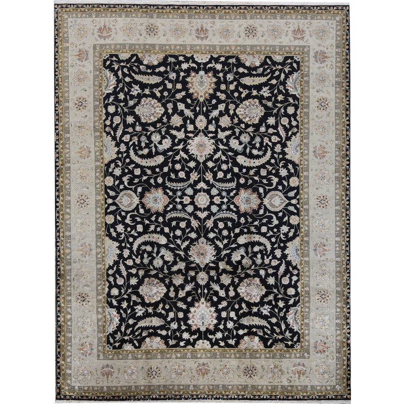 Tapis noir et ivoire de haute qualité noué à la main