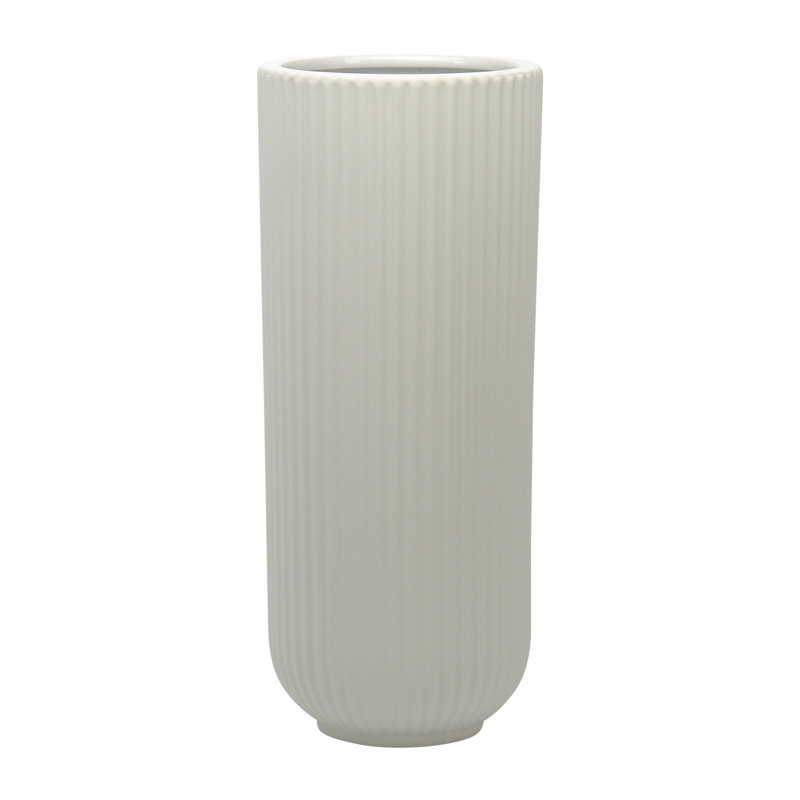Zed Ribbed Ceramic Handcrafted Watertight Table Vase, White, 11" H x 5" W x 5" D