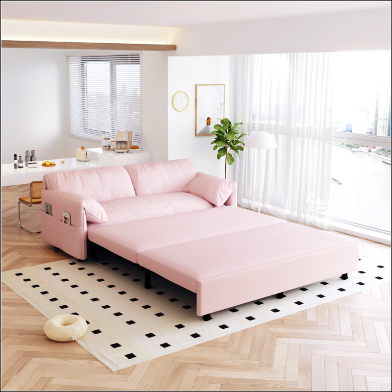 Queen Pull Out Sofa Bed,Convertible Sleeper Sofa with Side Storage, Multi-Functional Loveseat Bed, Pink Velvet