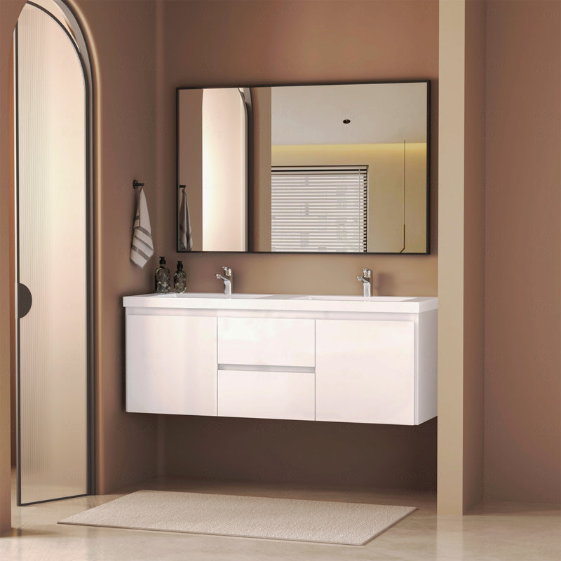 Meuble-lavabo mural flottant double 60 po, 60", Quartz blanc