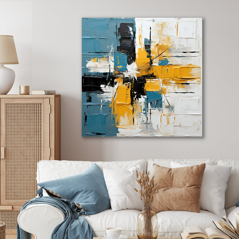 «Blue and Yellow Paint Elegance I», reproduction d'art murale abstraite, H 16 po x l 16 po x P 1 po, Toile tendue