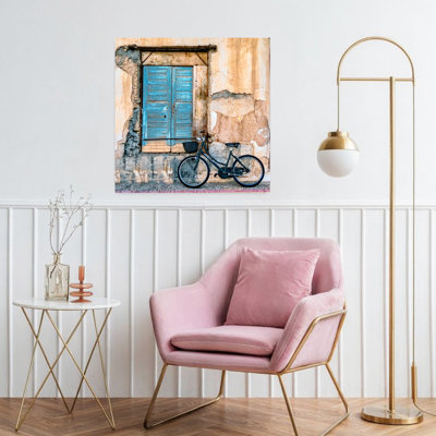 «Blue Shutters Bicycle Rustic Vintage Urban Urban», reproduction d'art mural