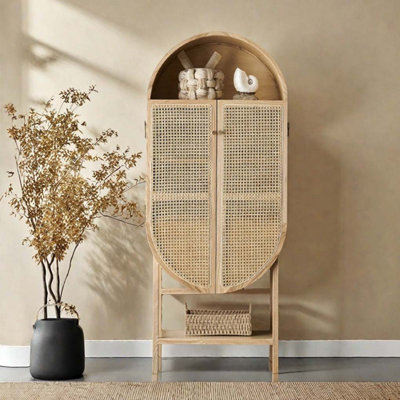 Bibliothèque en bois massif avec rangement en rotin