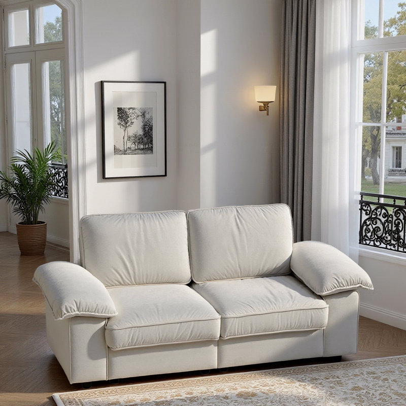 Canapé en velours compact avec rangement caché, causeuse 2 places, Blanc, crème