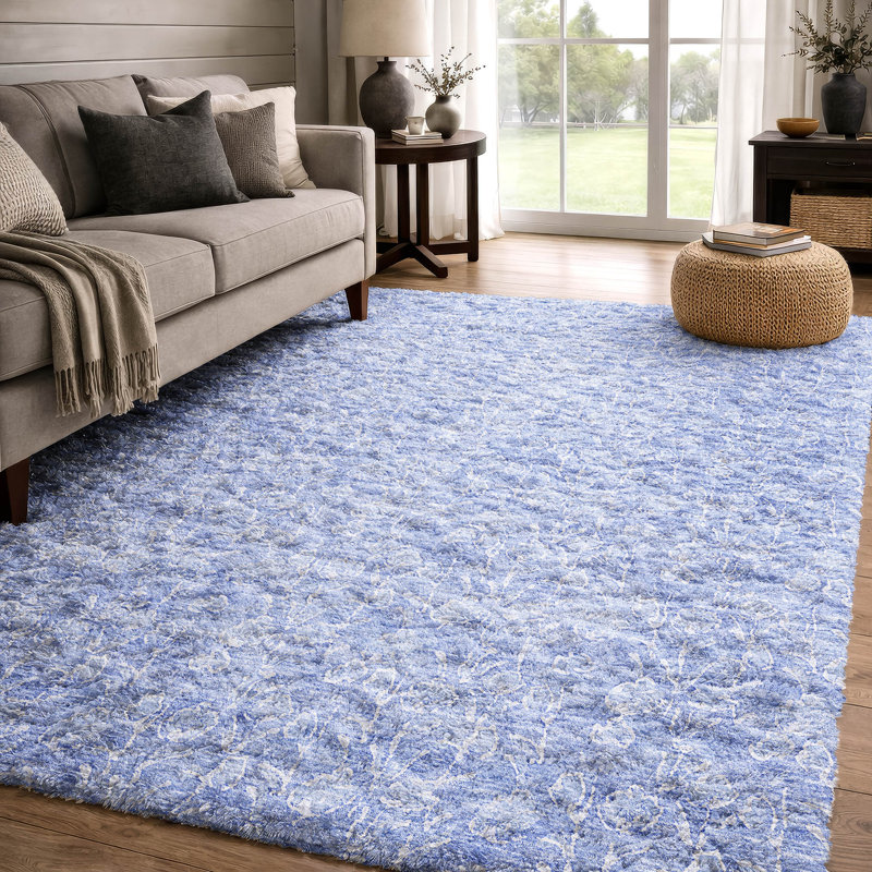 Tapis floral à poils longs lavable à la machine, En jean, 9 pi x 12 pi