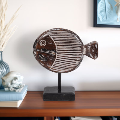 Bywood Modern Coastal Fish Figurine Decorative Sculpture in Hand-Carved Albasia Wood with Textured Design Base