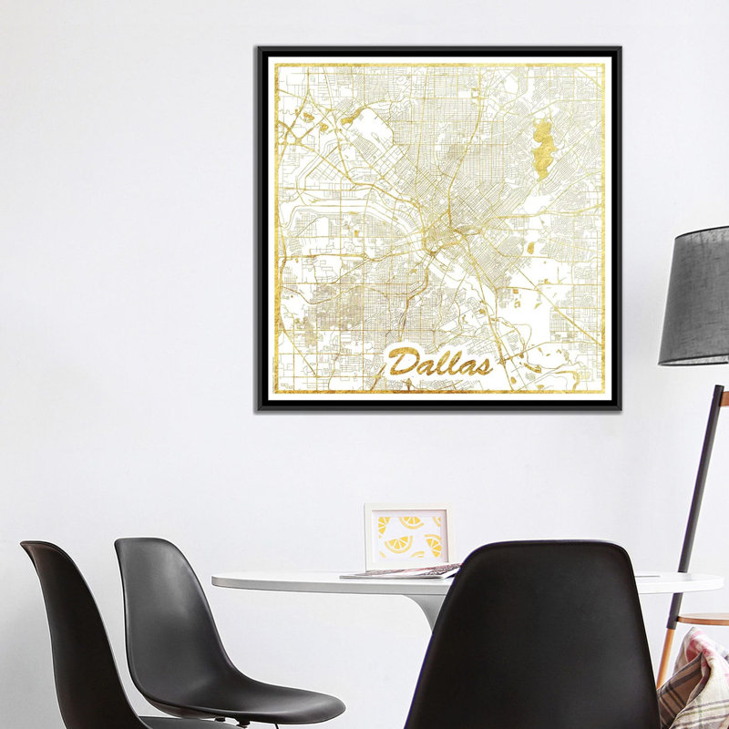 « dallas gold feuille urban blueprint map », reproduction d’impression sur toile, H 18 po x l 18 po x P 1,5 po, Pas de tapis