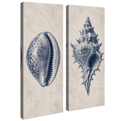 Décoration marine vintage avec coquillages cauris bleus et murex – Ensemble de 2 impressions sur toile encadrées 81 x 30 x 5 cm