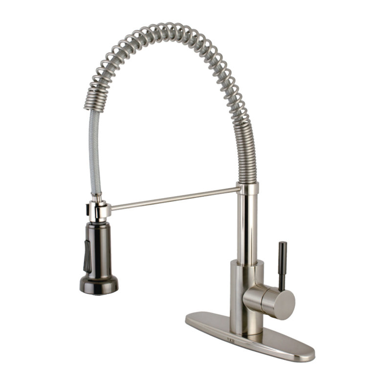 Kingston Brass Kaiser Single-Handle 1-or-3 Hole Deck Mount Pre-Rinse Kitchen Faucet, Brushed Nickel/Black Stainless Steel