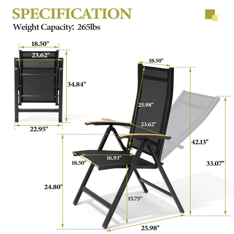 Adjustable Aluminum Outdoor Folding Dining Chairs, Black