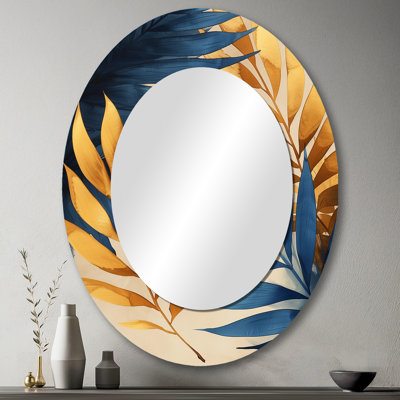 Doré et bleu feuilles de palmier dans la jungle II - Miroir décoratif floral ovale sur métal