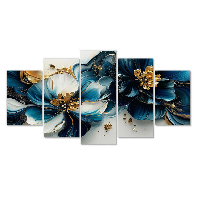 Golden Arrangement, marguerites bleues, encre IV - ensemble d'art mural traditionnel