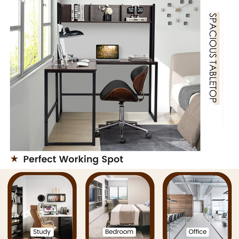L-Shaped Metal Base Computer Desk, Brown