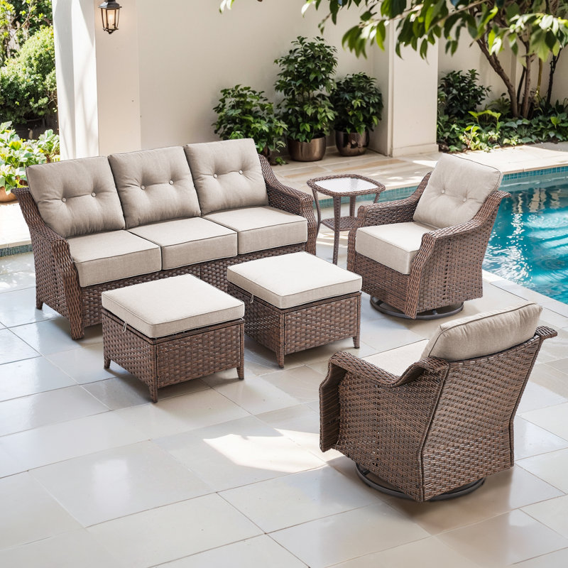 Acton 6-Piece Wicker Outdoor Seating Group with 6" Thick Cushions, Beige
