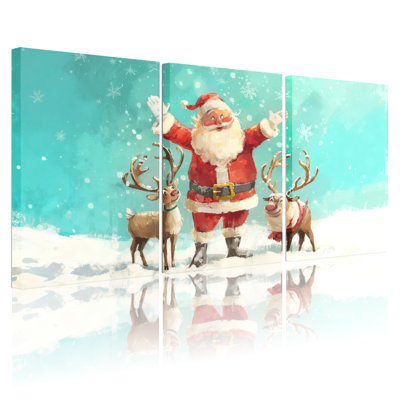 Ensemble de 3 impressions sur toile de Noël, père Noël et renne dans la neige