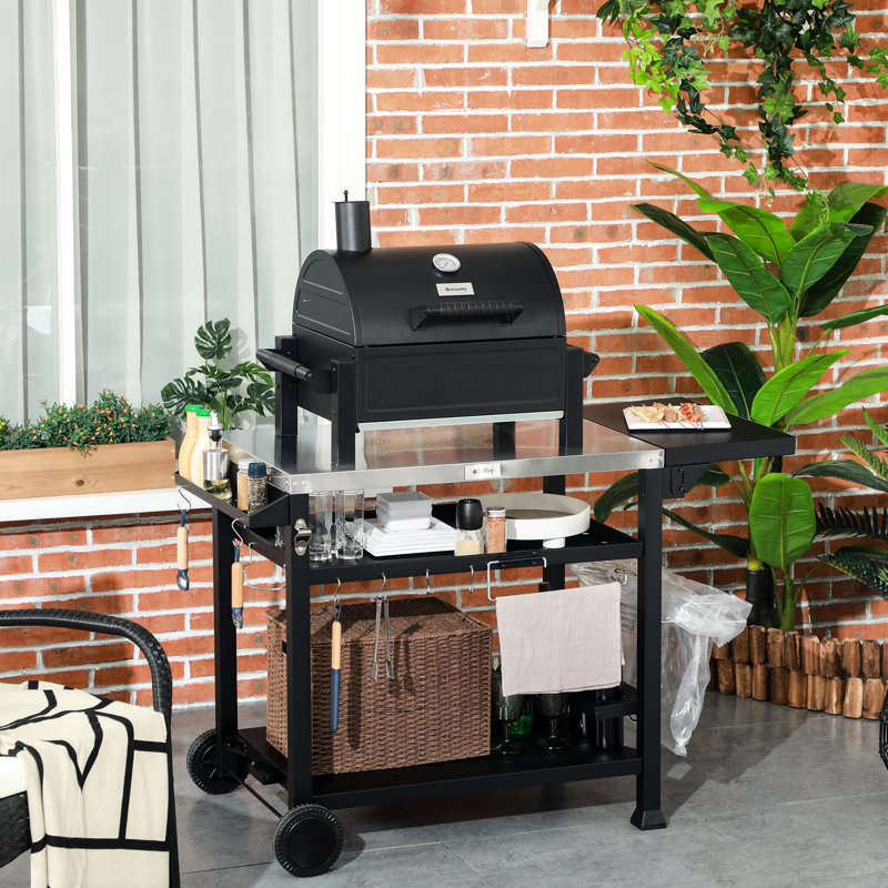 Chariot de barbecue extérieur avec tablette pliable, 46 po x 21,75 po, acier inoxydable, table de préparation, chariot de dessert mobile noir, côté