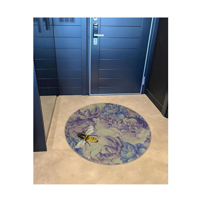 Round Blue Tones Flowers and Bee Detailed Modern Decorative Machine Washable Rug