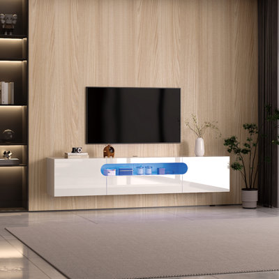 Meuble télé mural flottant avec rangement pour téléviseur 85 po, meuble multimédia de salon avec lumières DEL