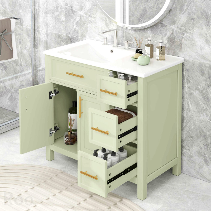 Meuble-lavabo de 91 cm (36 po) avec lavabo, meuble-lavabo à deux portes et trois tiroirs, en bois massif et panneaux MDF, vendu à l'unité, blanc et vert.