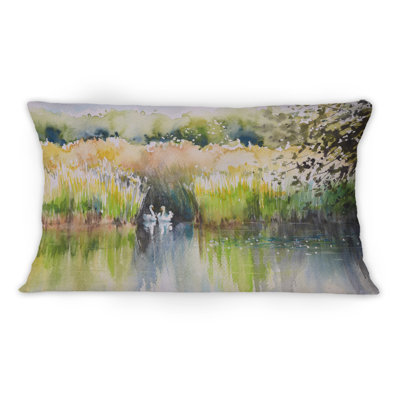Deux cygnes dans l'étang - coussin décoratif traditionnel imprimé