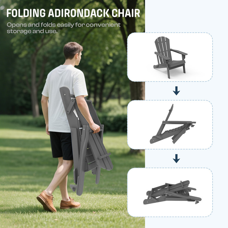 Set Of 2 Folding Adirondack Chairs With Cup Holder, All-weather Hdpe, Gray
