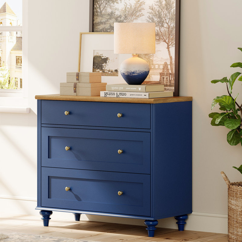 Commode Scarlett pour chambre à coucher avec 3 tiroirs, commode pour enfant avec grande commode, meuble de rangement en bois de style moderne du milieu du siècle pour salon, chambre d'enfant, couloir, bleu marine