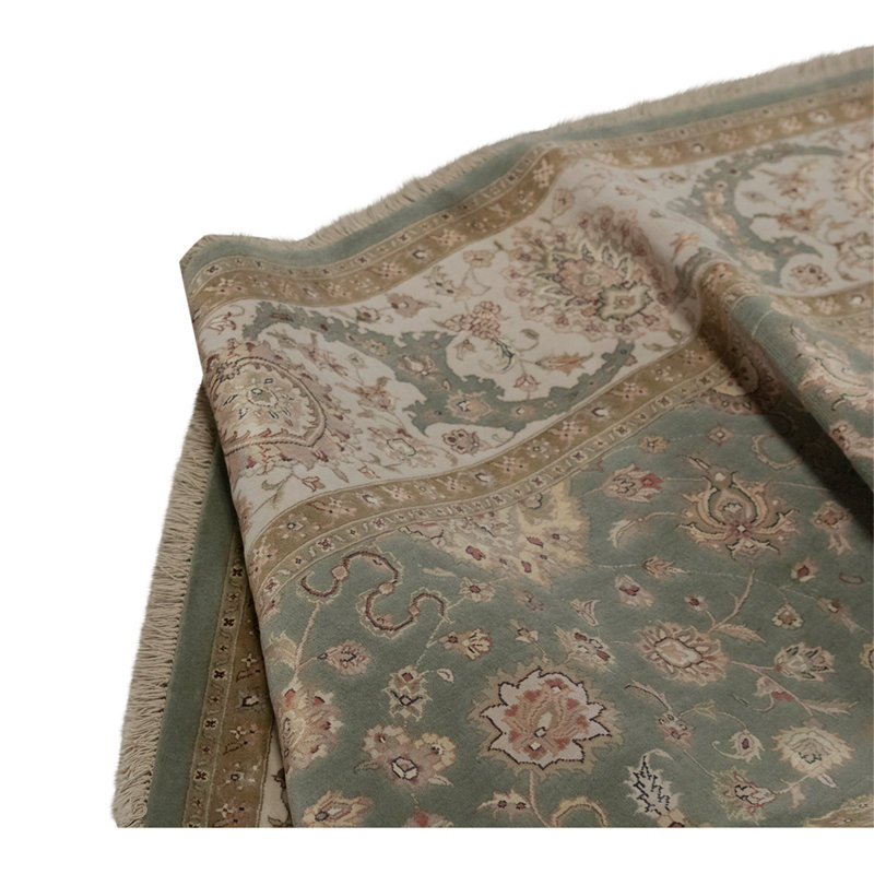 Tapis unique en coton / viscose noué à la main 7 pi 11 po x 10 pi vert clair / beige / ivoire